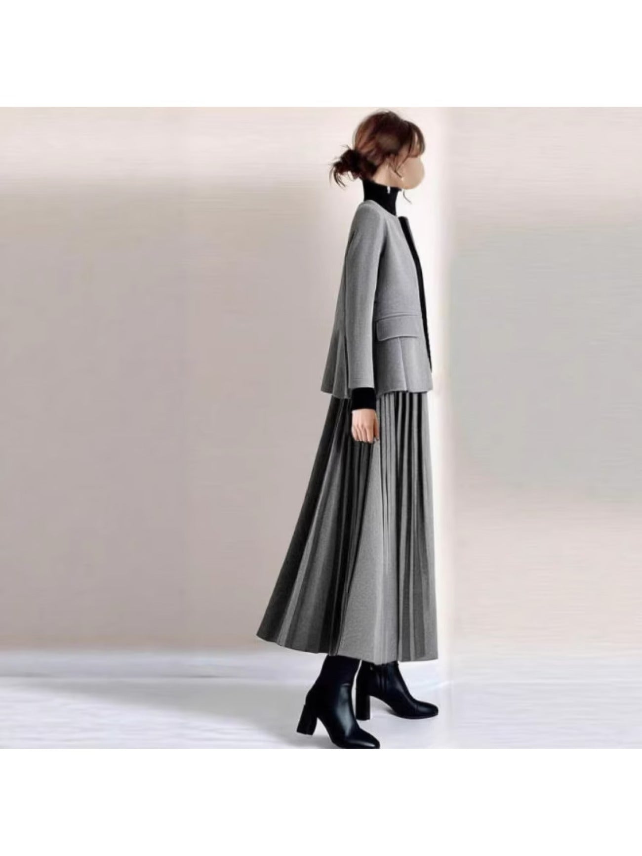 レディース 2026年春/秋 新作 ラウンドネック 長袖ジャケットとプリーツAラインスカート ツーピースセット