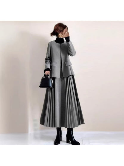レディース 2026年春/秋 新作 ラウンドネック 長袖ジャケットとプリーツAラインスカート ツーピースセット