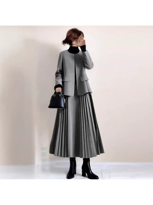 レディース 2026年春/秋 新作 ラウンドネック 長袖ジャケットとプリーツAラインスカート ツーピースセット