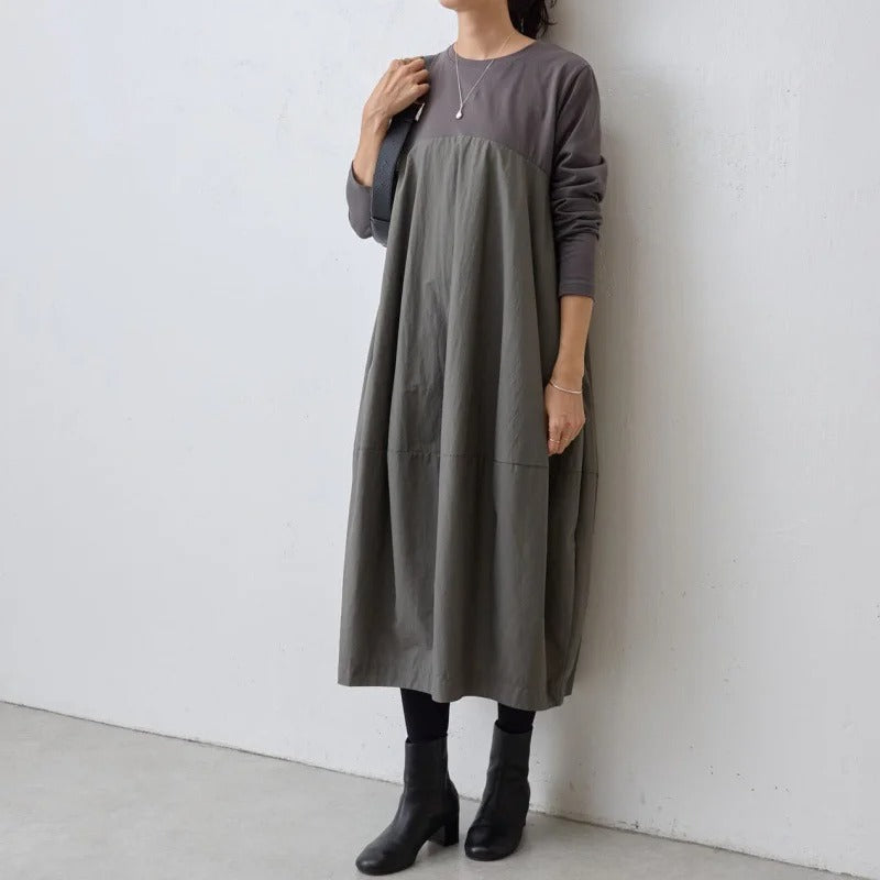 大きいサイズの長袖クルーネック切り替えワンピース