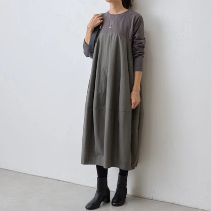 大きいサイズの長袖クルーネック切り替えワンピース