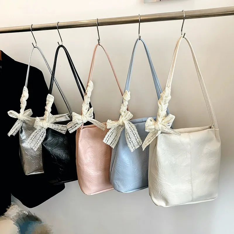 【2026年版】大容量 レース リボン テクスチャー 簡単 カジュアル 通勤 通学 下 arm バケット ハンドバッグ ショルダーバッグ レディース | 布製, ミックスカラー, フタ付き