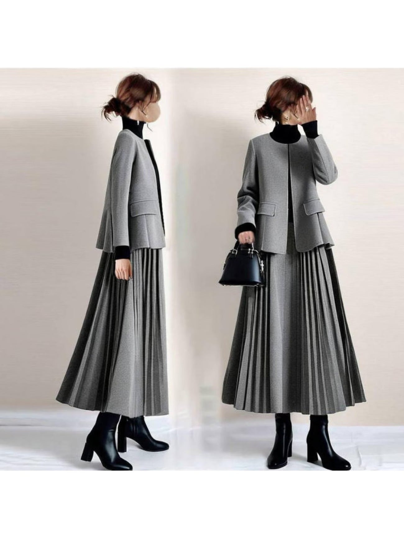 レディース 2026年春/秋 新作 ラウンドネック 長袖ジャケットとプリーツAラインスカート ツーピースセット