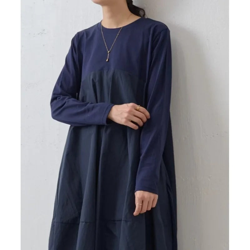 大きいサイズの長袖クルーネック切り替えワンピース