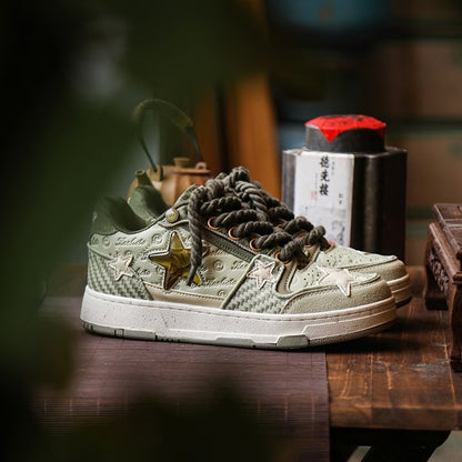 【ユニークデザイン】西湖龍井星スニーカー | 夏のカップルスタイル ローカット 通気性 高さアップスニーカー（ファブリックアッパー＆ソール）