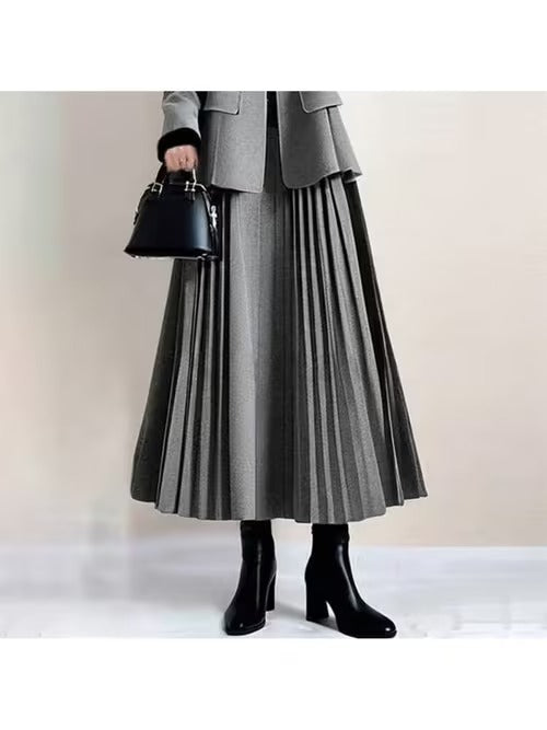 レディース 2026年春/秋 新作 ラウンドネック 長袖ジャケットとプリーツAラインスカート ツーピースセット