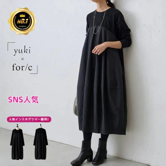 大きいサイズの長袖クルーネック切り替えワンピース