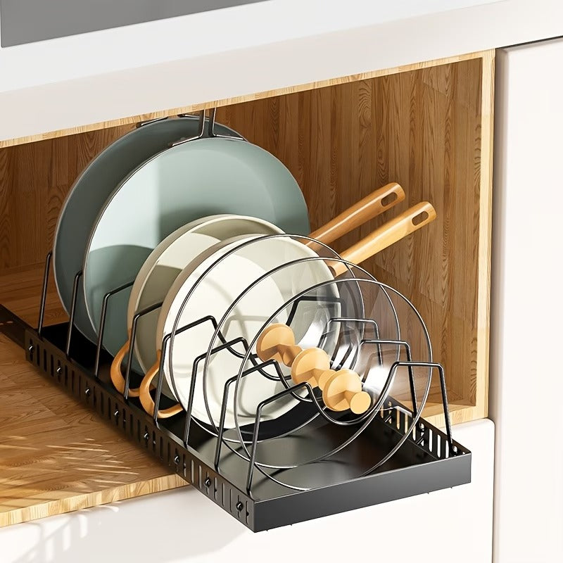 【2個セット】プルアウト式蓋ホルダー｜キッチンキャビネット下のアイアン製パンオーガナイザー、調理・ベーキング用調整可能なコンパートメント付き