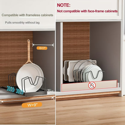 【2個セット】プルアウト式蓋ホルダー｜キッチンキャビネット下のアイアン製パンオーガナイザー、調理・ベーキング用調整可能なコンパートメント付き