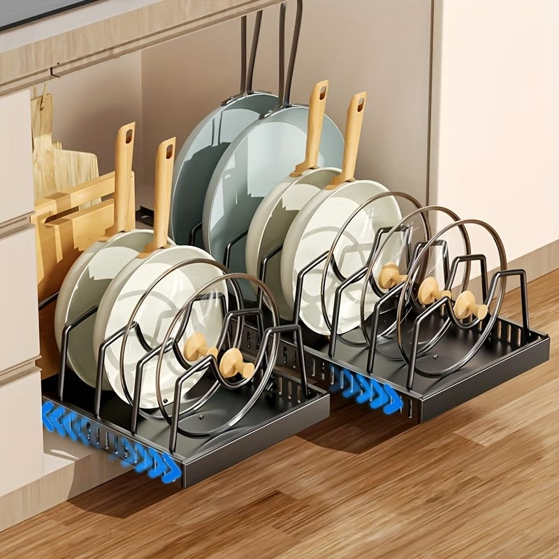 【2個セット】プルアウト式蓋ホルダー｜キッチンキャビネット下のアイアン製パンオーガナイザー、調理・ベーキング用調整可能なコンパートメント付き