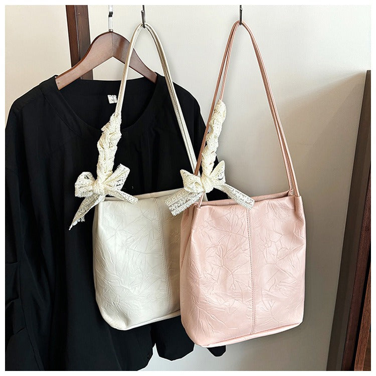 【2026年版】大容量 レース リボン テクスチャー 簡単 カジュアル 通勤 通学 下 arm バケット ハンドバッグ ショルダーバッグ レディース | 布製, ミックスカラー, フタ付き
