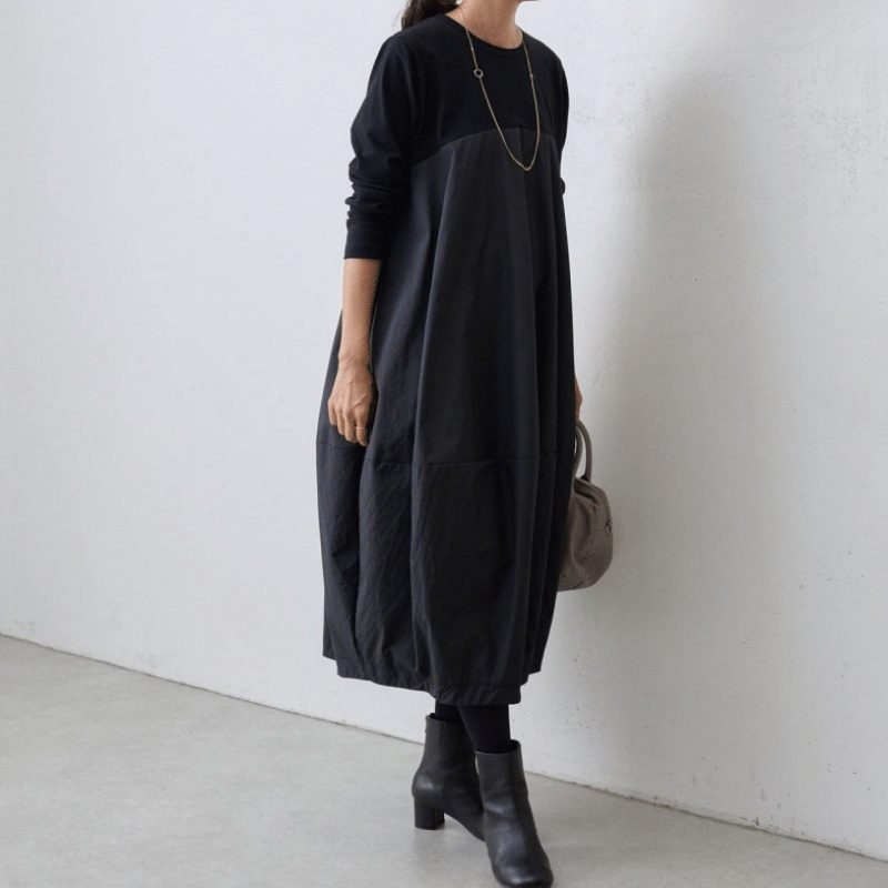 大きいサイズの長袖クルーネック切り替えワンピース